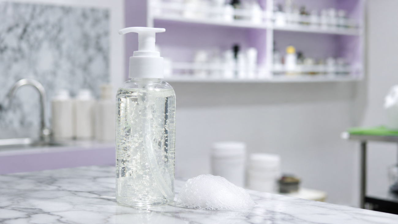 Clear soft gel texture of Sensitive Skin Face Cleanser Formula 301 in a pump bottle.