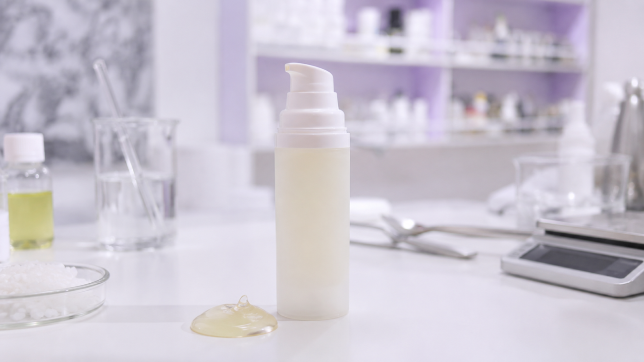 Pale champagne gel serum texture beside an opaque airless pump for Serum for Dark Spots Formula 201.